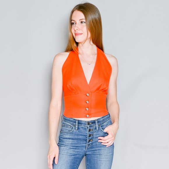 639. VINTAGE Emmanuelle Khanh Paris Orange Halter Top Small - Picture 6 of 9